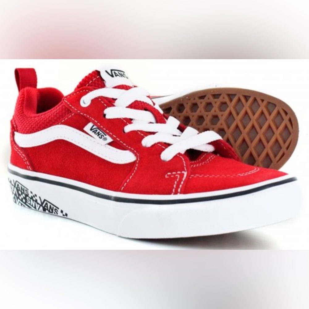 Vans Red Sneakers with Signature White Stripe and Waffle Sole
